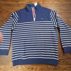 Vineyard Vines Men’s 1/4 Zip Pullover Navy Blue White Stripe USA Flag Whale Logo